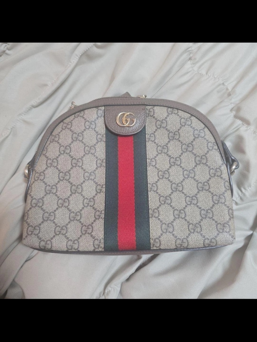 Gucci Beige GG Supreme Crossbody with Red and Green Web Stripe